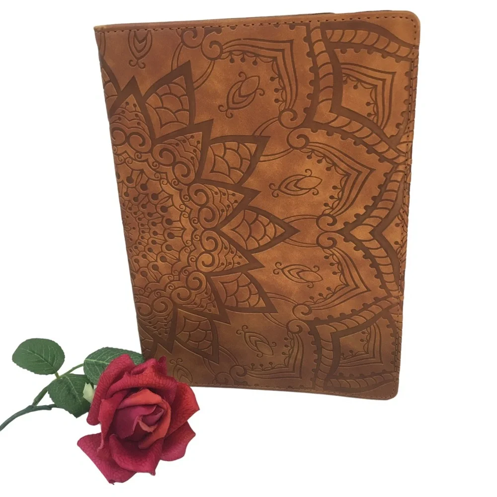 Tablet Device Holder Case embossed leaf print sorrel tan EUC